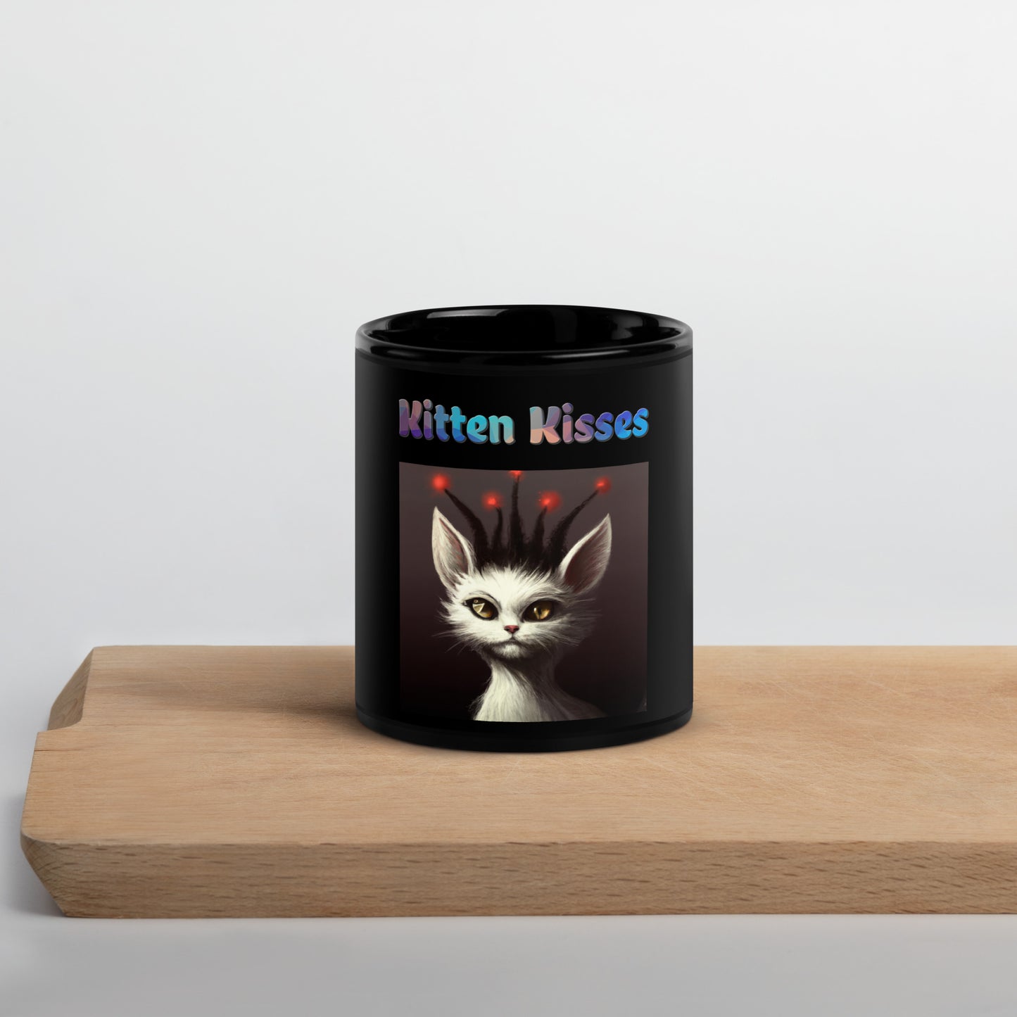 Black Glossy Mug with Cat With Red Alien Spikes with text "Kitten Kisses" at $25.97 found at Personalizedpetlovergifts