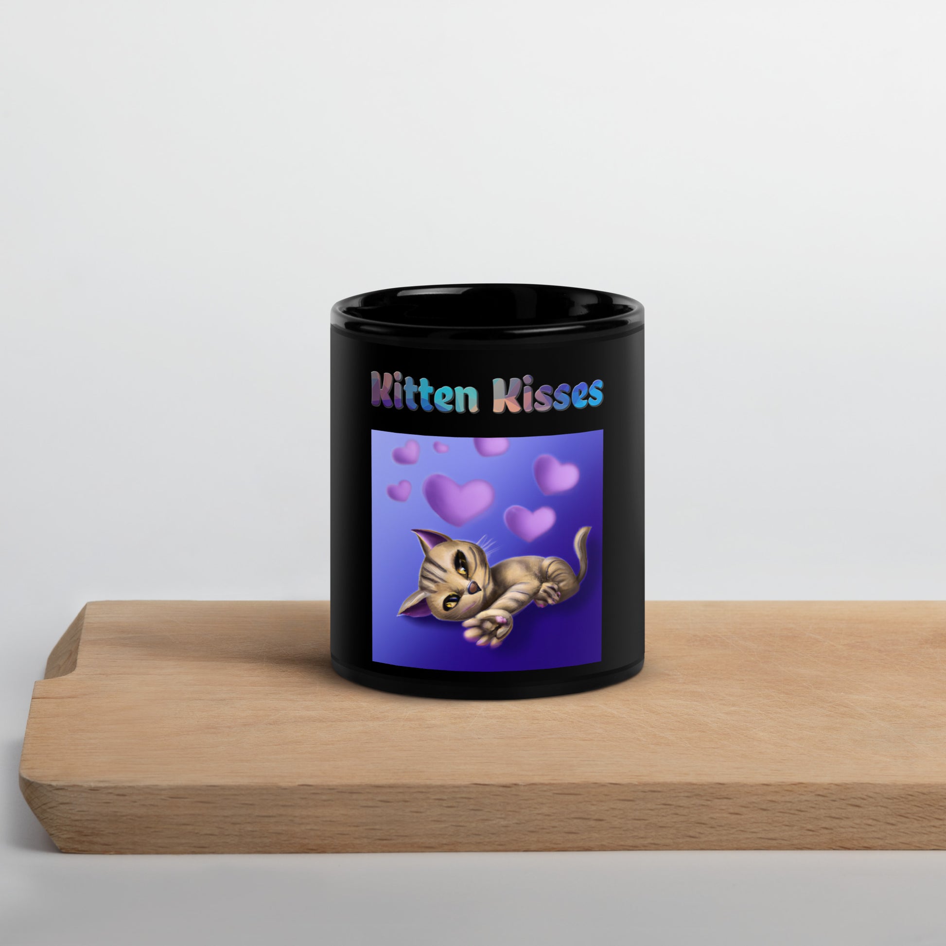 Black Glossy Mug with Cat With Purple Hearts with text "Kitten Kisses" at $25.97 found at Personalizedpetlovergifts