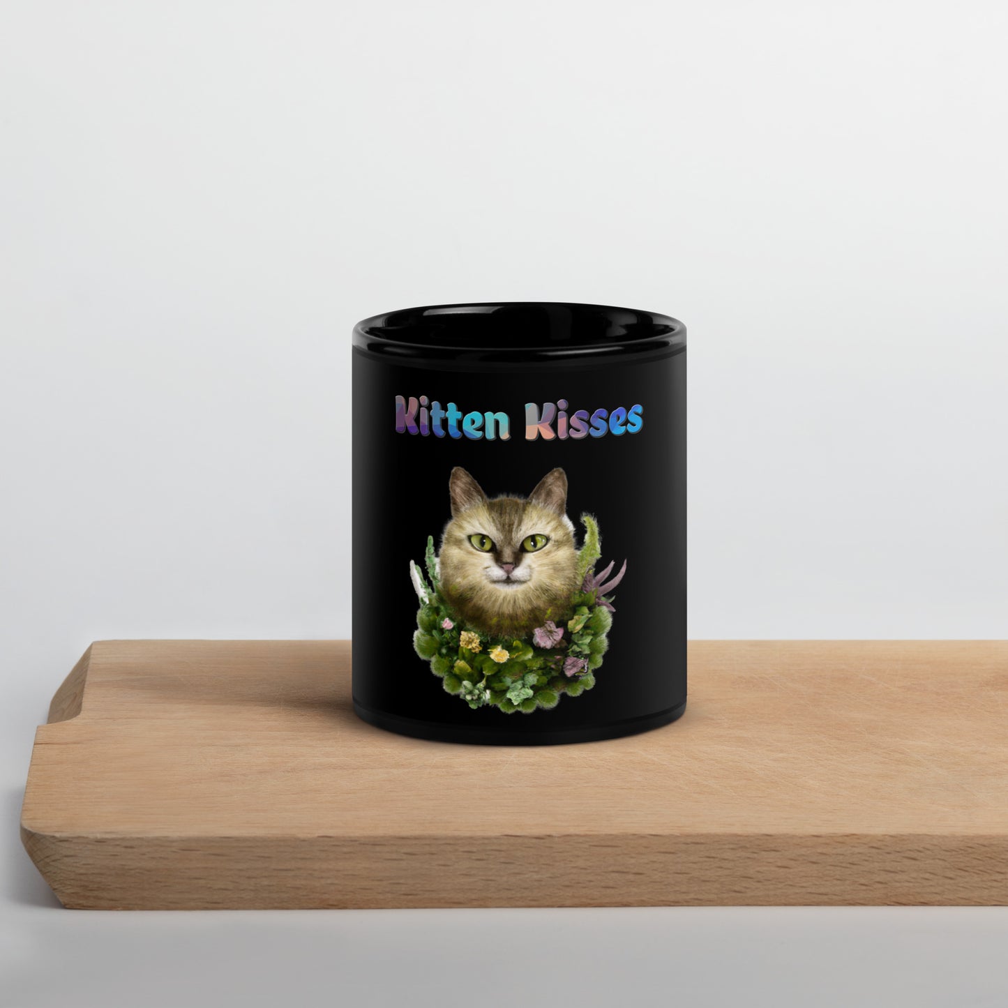 Black Glossy Mug with Cat With Plants And Flowers with text "Kitten Kisses" at $25.97 found at Personalizedpetlovergifts