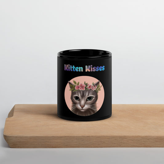 Black Glossy Mug with Cat With Pink Floral Headpiece with text "Kitten Kisses" at $25.97 found at Personalizedpetlovergifts