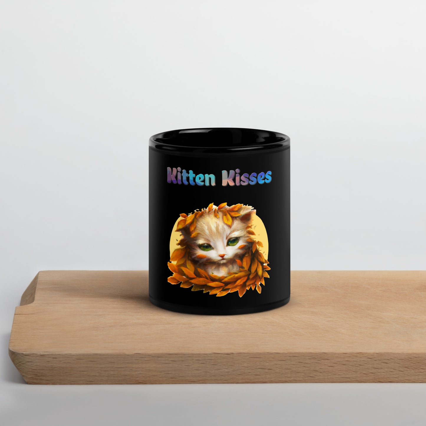 Black Glossy Mug with Cat With Orange Leaves with text "Kitten Kisses" at $25.97 found at Personalizedpetlovergifts