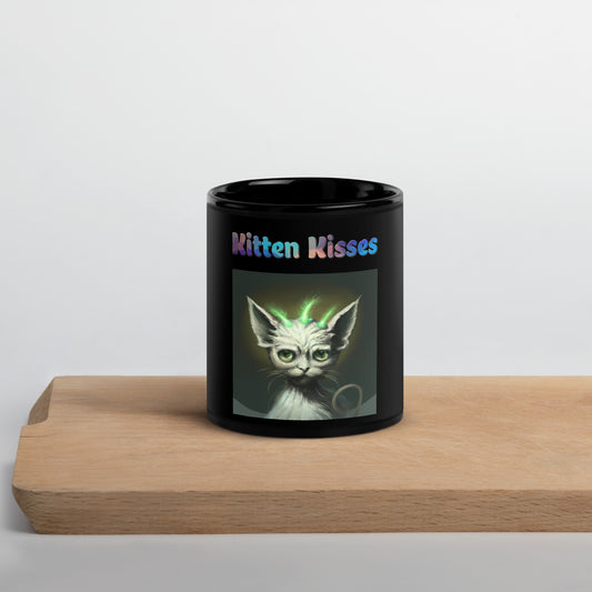 Black Glossy Mug with Cat With Green Alien Spikes with text "Kitten Kisses" at $25.97 found at Personalizedpetlovergifts