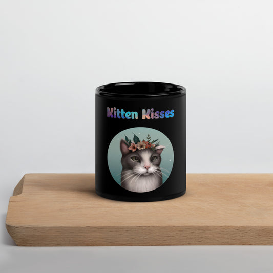 Black Glossy Mug with Cat With Flowers with text "Kitten Kisses" at $25.97 found at Personalizedpetlovergifts