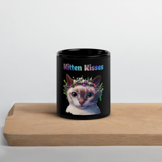 Black Glossy Mug with Cat With Flowers On Head with text "Kitten Kisses" at $25.97 found at Personalizedpetlovergifts