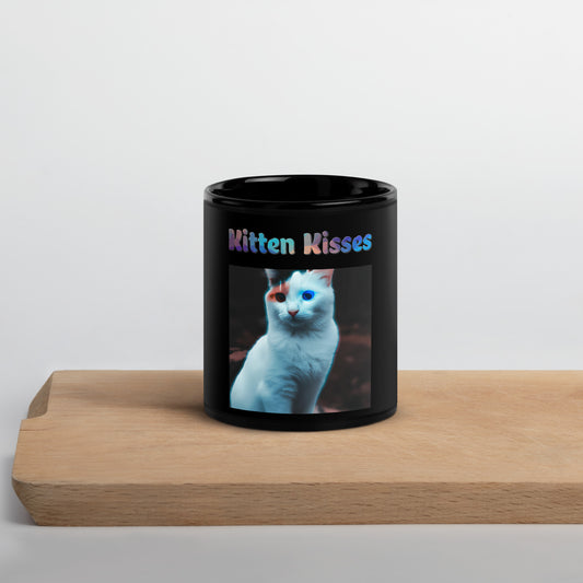 Black Glossy Mug with Cat With Colorful Eyes with text "Kitten Kisses" at $25.97 found at Personalizedpetlovergifts