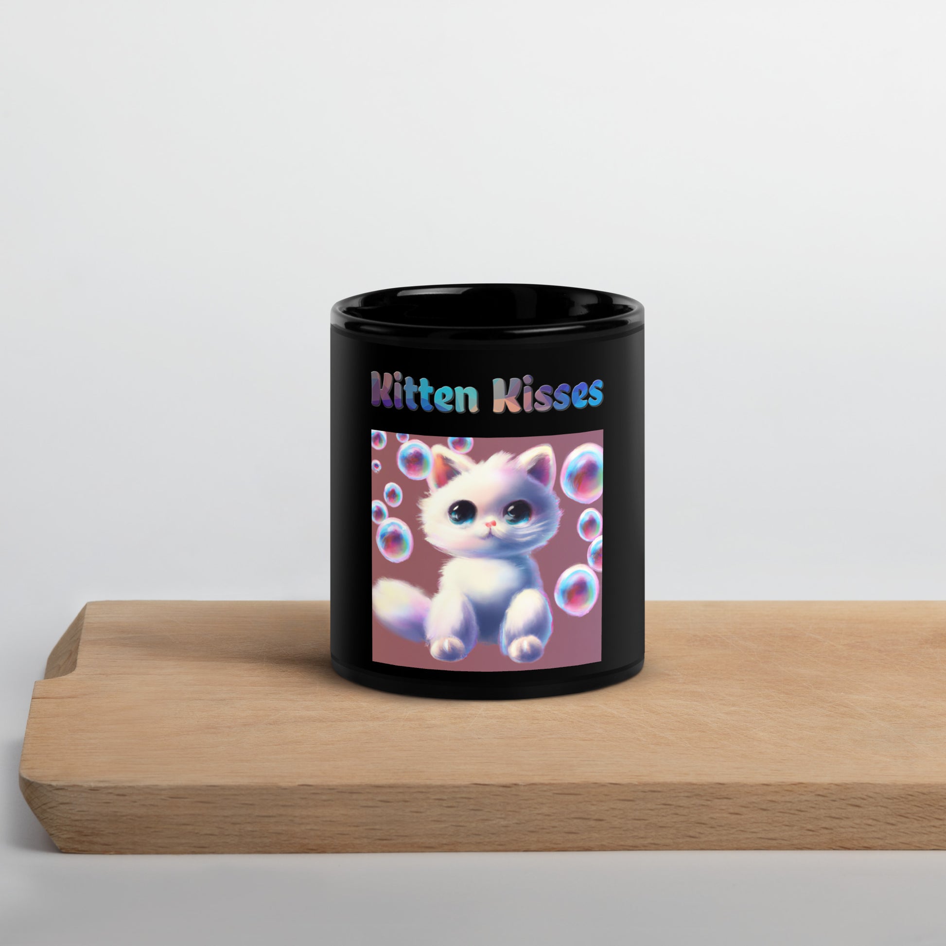 Black Glossy Mug with Cat With Bubbles with text "Kitten Kisses" at $25.97 found at Personalizedpetlovergifts