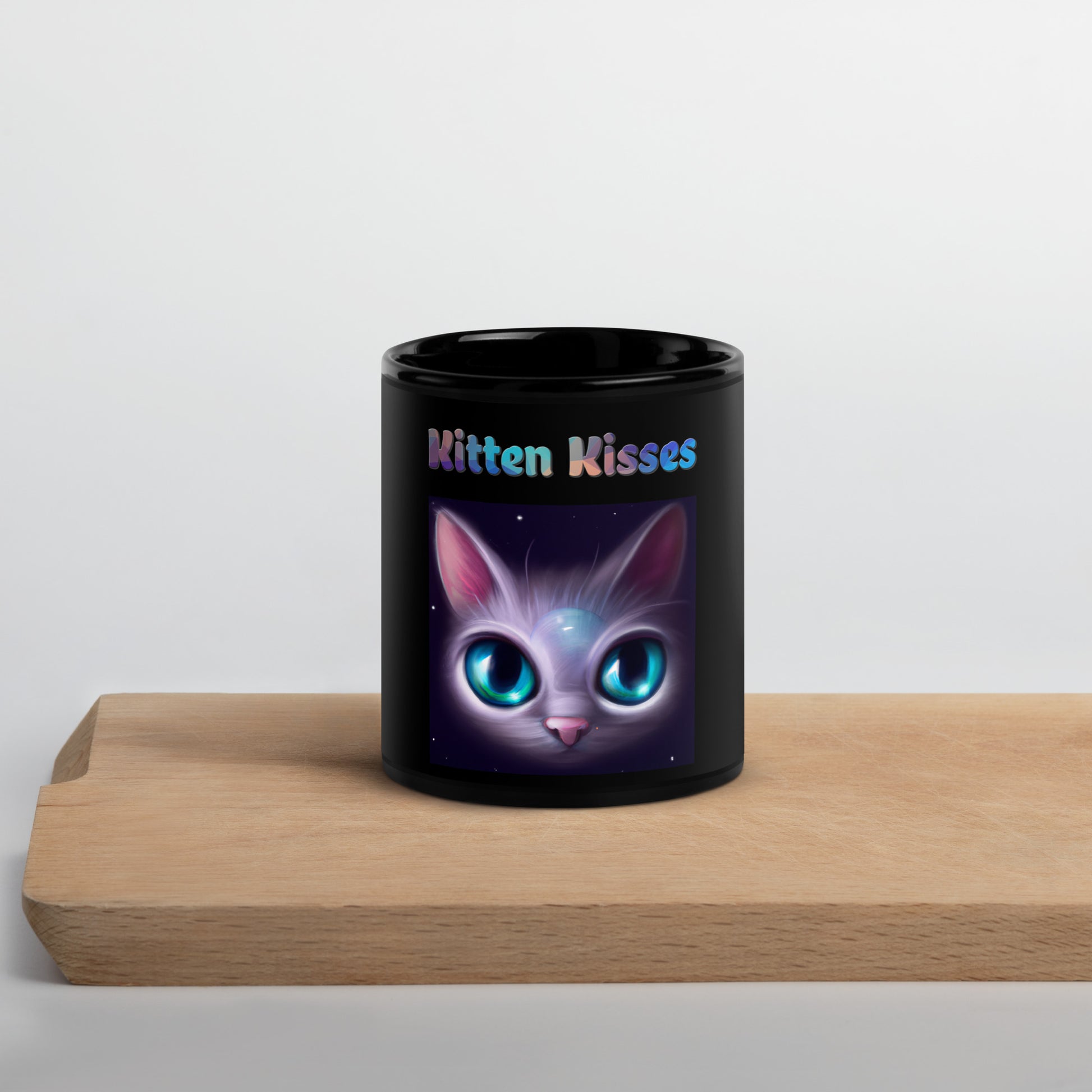 Black Glossy Mug with Cat With Bright Blue Eyes with text "Kitten Kisses" at $25.97 found at Personalizedpetlovergifts