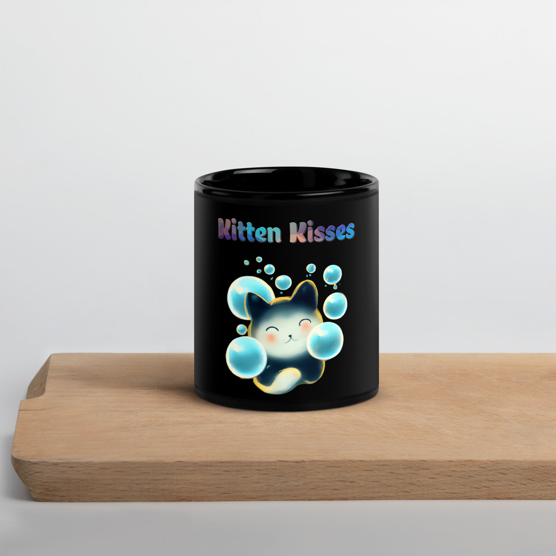 Black Glossy Mug with Cat With Blue Bubbles with text "Kitten Kisses" at $25.97 found at Personalizedpetlovergifts