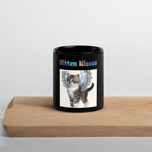 Black Glossy Mug with Cat With Beautiful Angel Wings with text "Kitten Kisses" at $25.97 found at Personalizedpetlovergifts