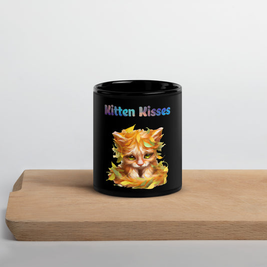 Black Glossy Mug with Cat With Autumn Leaves with text "Kitten Kisses" at $25.97 found at Personalizedpetlovergifts