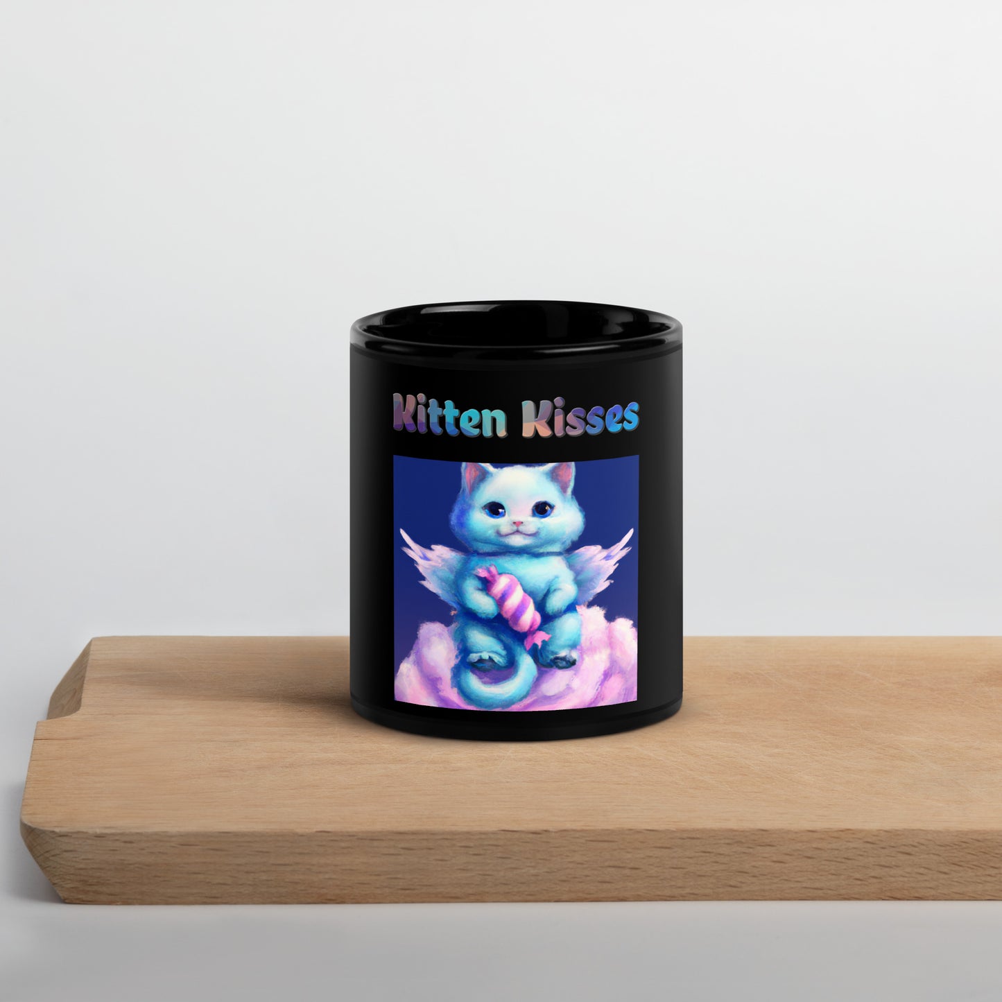 Black Glossy Mug with Cat With Angel Wings In The Clouds with text "Kitten Kisses" at $25.97 found at Personalizedpetlovergifts