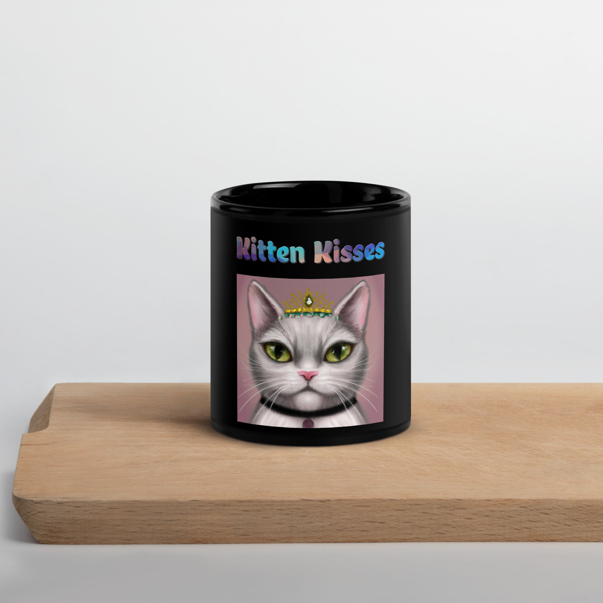 Black Glossy Mug with Cat With a Tiara with text "Kitten Kisses" at $25.97 found at Personalizedpetlovergifts