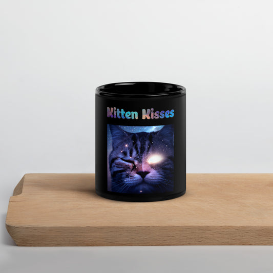 Black Glossy Mug with Cat With a Shiny Eye with text "Kitten Kisses" at $25.97 found at Personalizedpetlovergifts