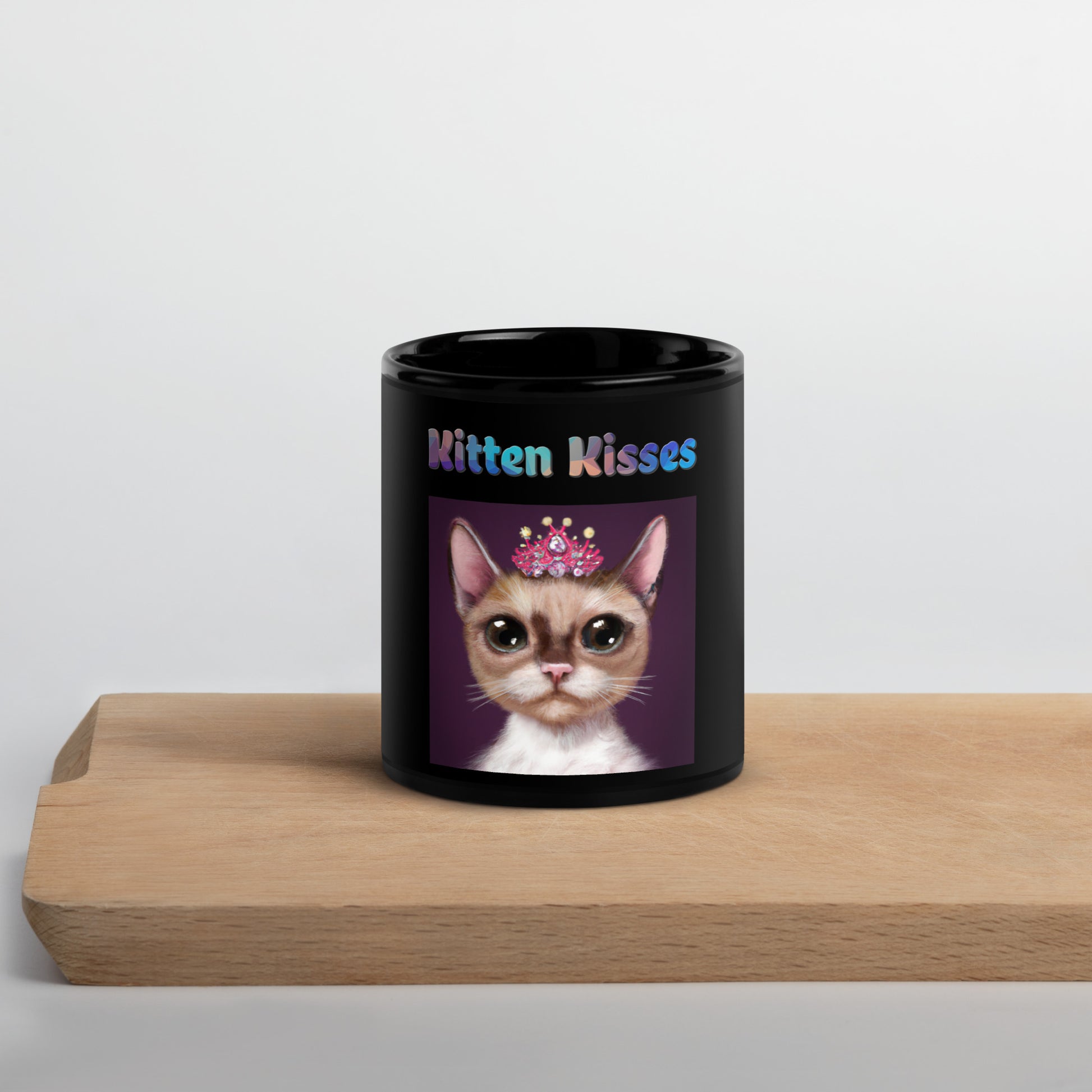 Black Glossy Mug with Cat With a Pink Tiara with text "Kitten Kisses" at $25.97 found at Personalizedpetlovergifts