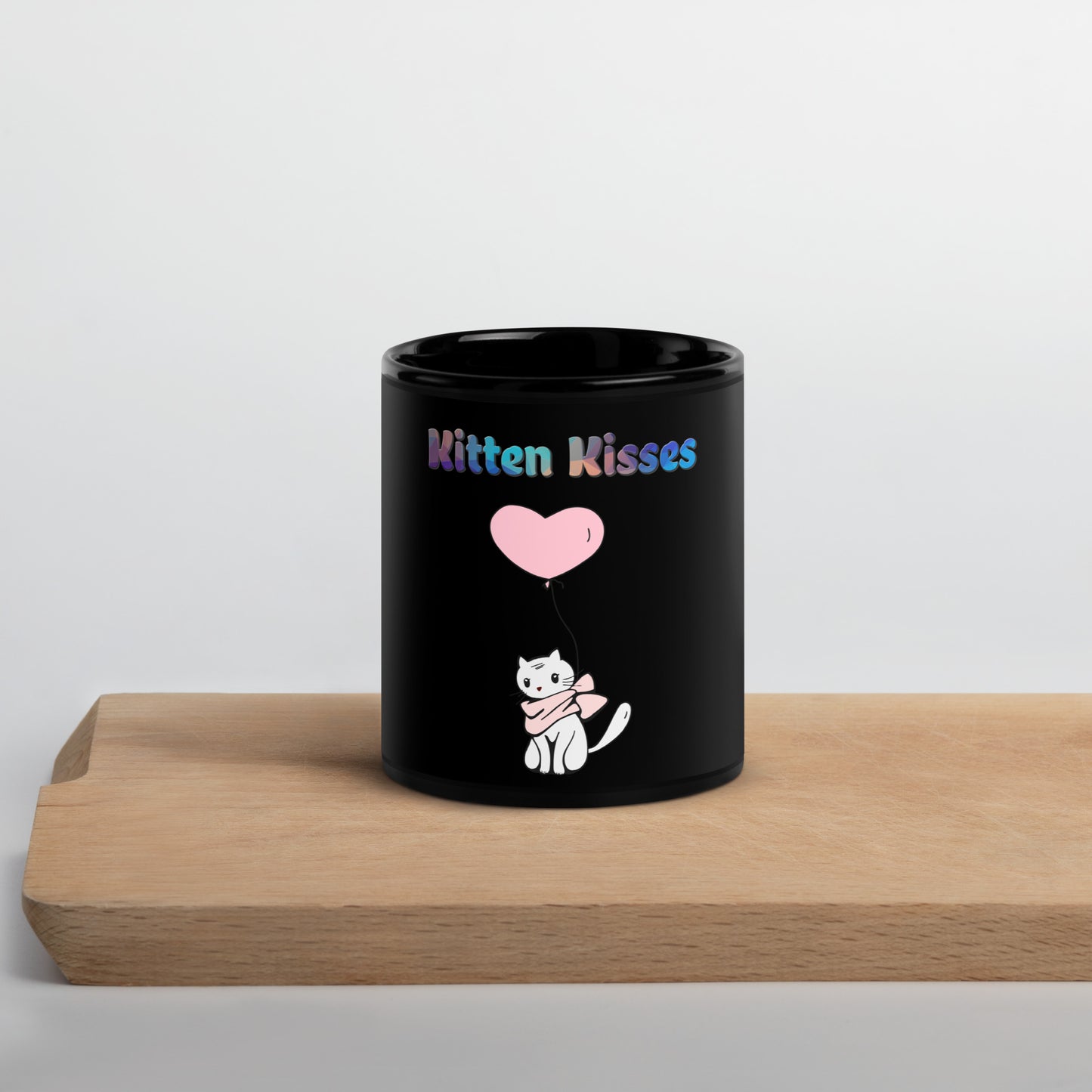 Black Glossy Mug with Cat With a Pink Heart Balloon with text "Kitten Kisses" at $25.97 found at Personalizedpetlovergifts