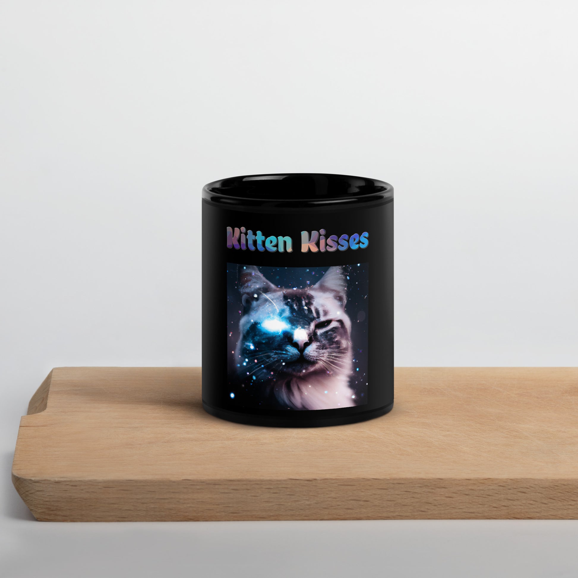 Black Glossy Mug with Cat With A Galaxy Eye with text "Kitten Kisses" at $25.97 found at Personalizedpetlovergifts