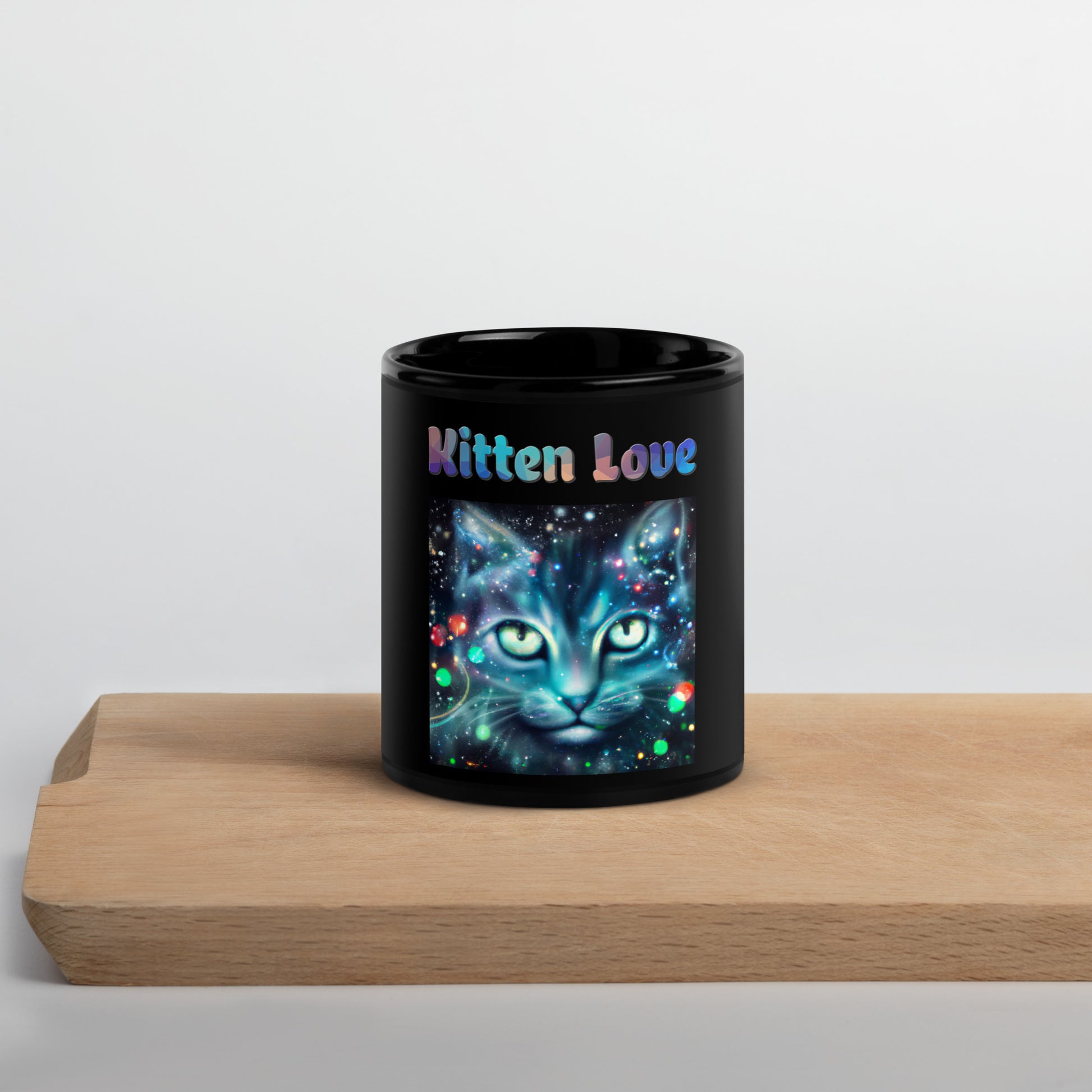 Black Glossy Mug with Cosmic Cat with text "Kitten Love" at $25.97 found at Personalizedpetlovergifts