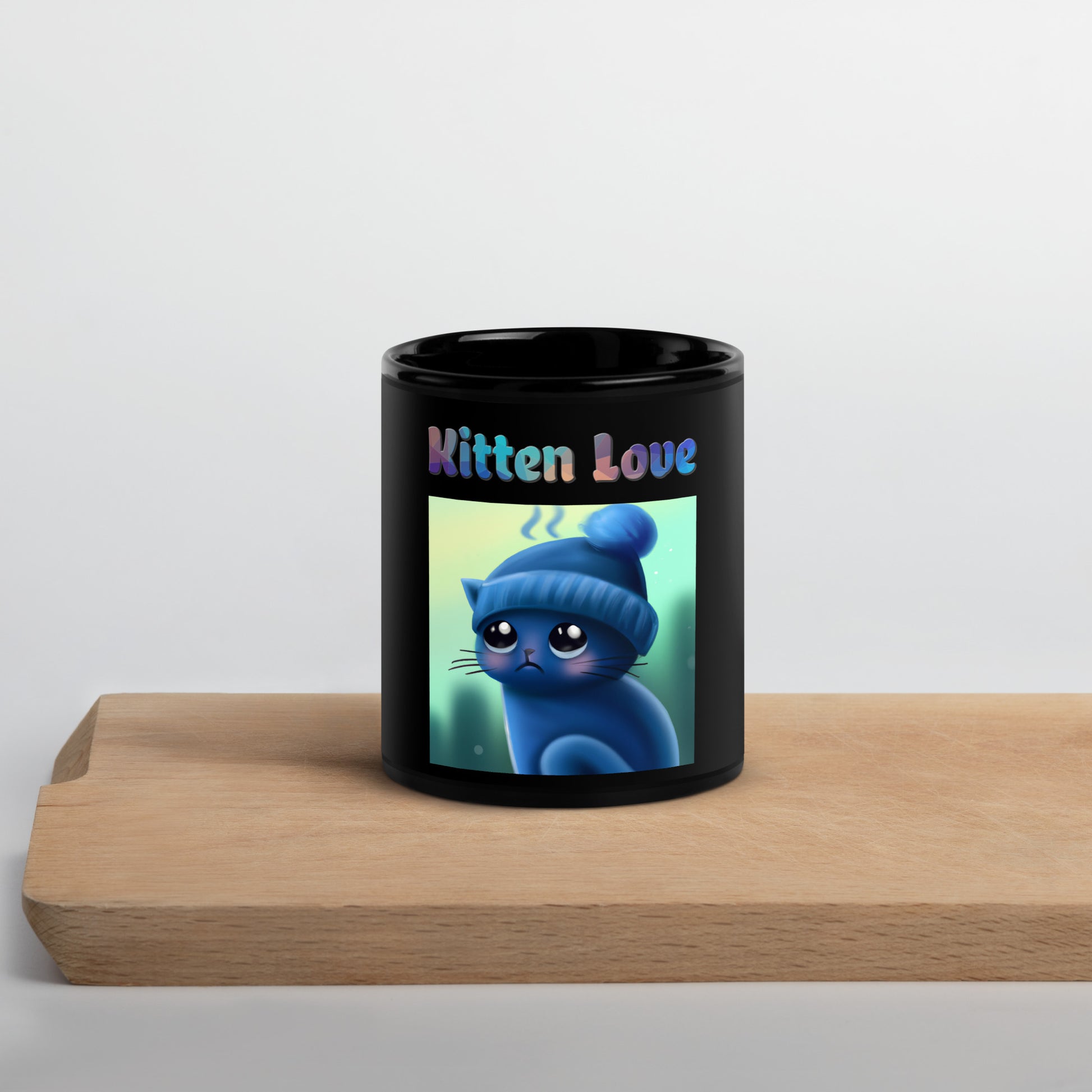 Black Glossy Mug with Cold Kitten In a Hat with text "Kitten Love" at $25.97 found at Personalizedpetlovergifts