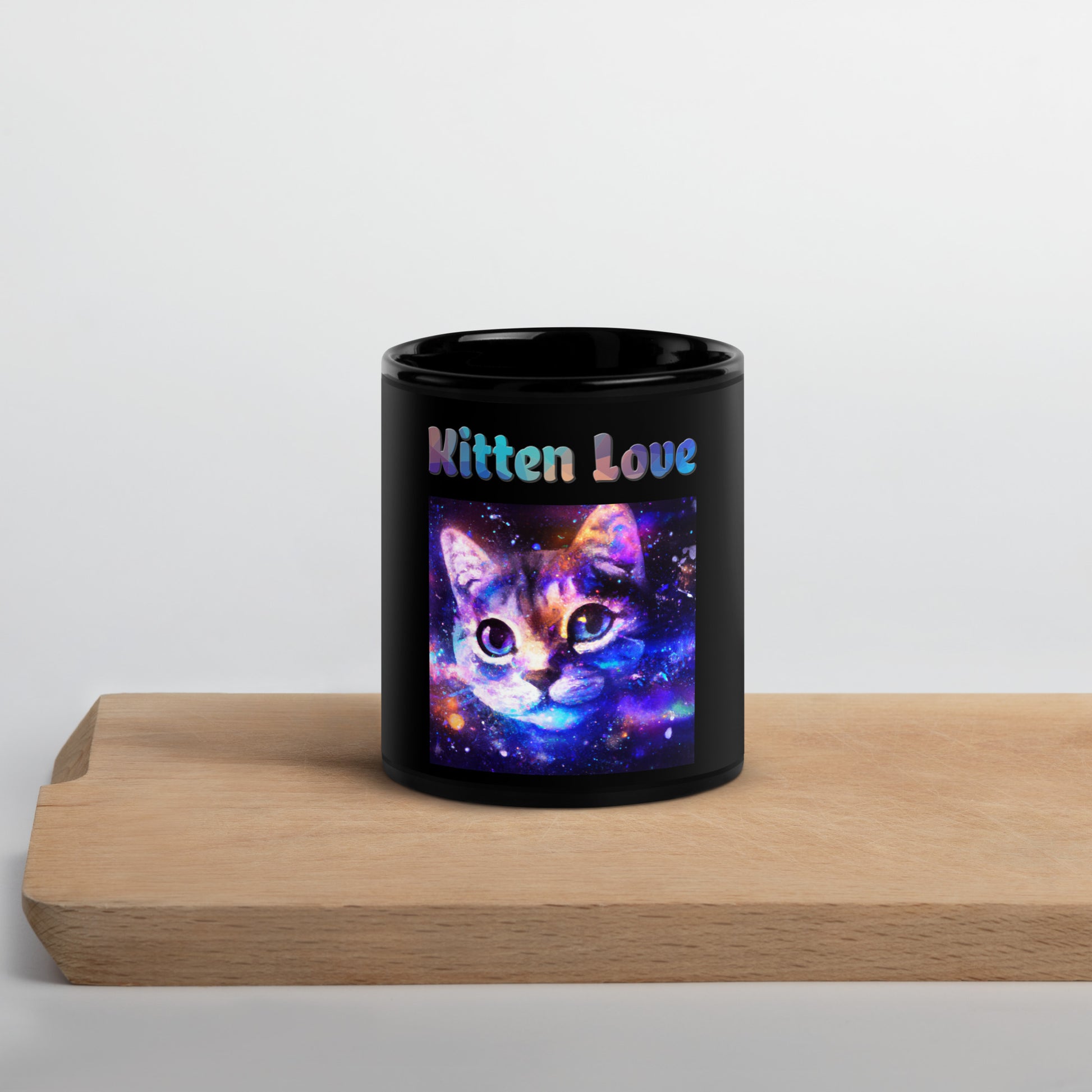 Black Glossy Mug with Cat With Space with text "Kitten Love" at $25.97 found at Personalizedpetlovergifts