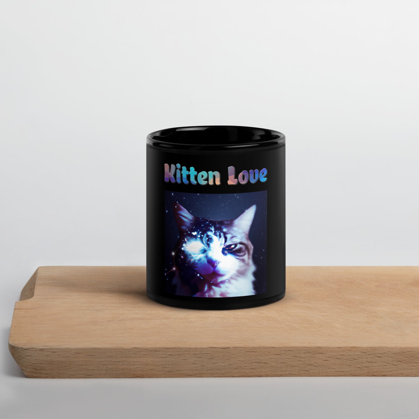 Black Glossy Mug with Cat With Space Eye with text "Kitten Love" at $25.97 found at Personalizedpetlovergifts