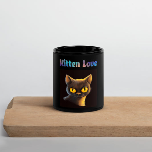 Black Glossy Mug with Cat With Shiny Yellow Eyes with text "Kitten Love" at $25.97 found at Personalizedpetlovergifts