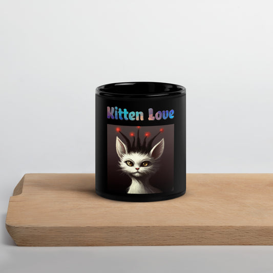 Black Glossy Mug with Cat With Red Alien Spikes with text "Kitten Love" at $25.97 found at Personalizedpetlovergifts