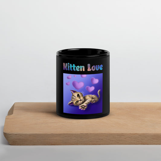 Black Glossy Mug with Cat With Purple Hearts with text "Kitten Love" at $25.97 found at Personalizedpetlovergifts