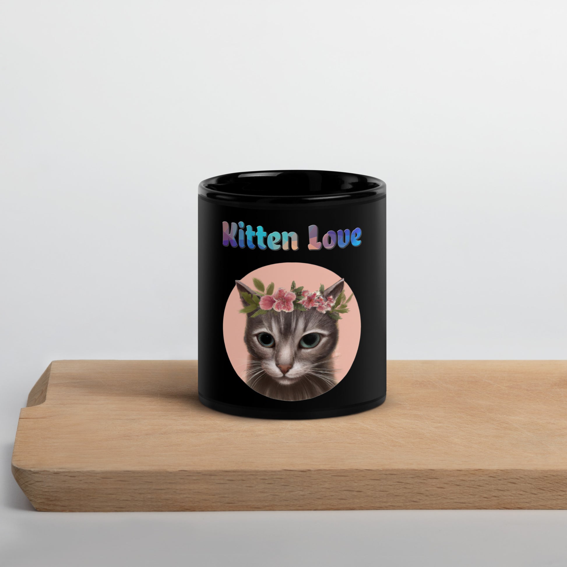 Black Glossy Mug with Cat With Pink Floral Headpiece with text "Kitten Love" at $25.97 found at Personalizedpetlovergifts