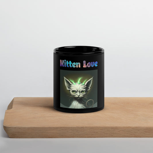 Black Glossy Mug with Cat With Green Alien Spikes with text "Kitten Love" at $25.97 found at Personalizedpetlovergifts