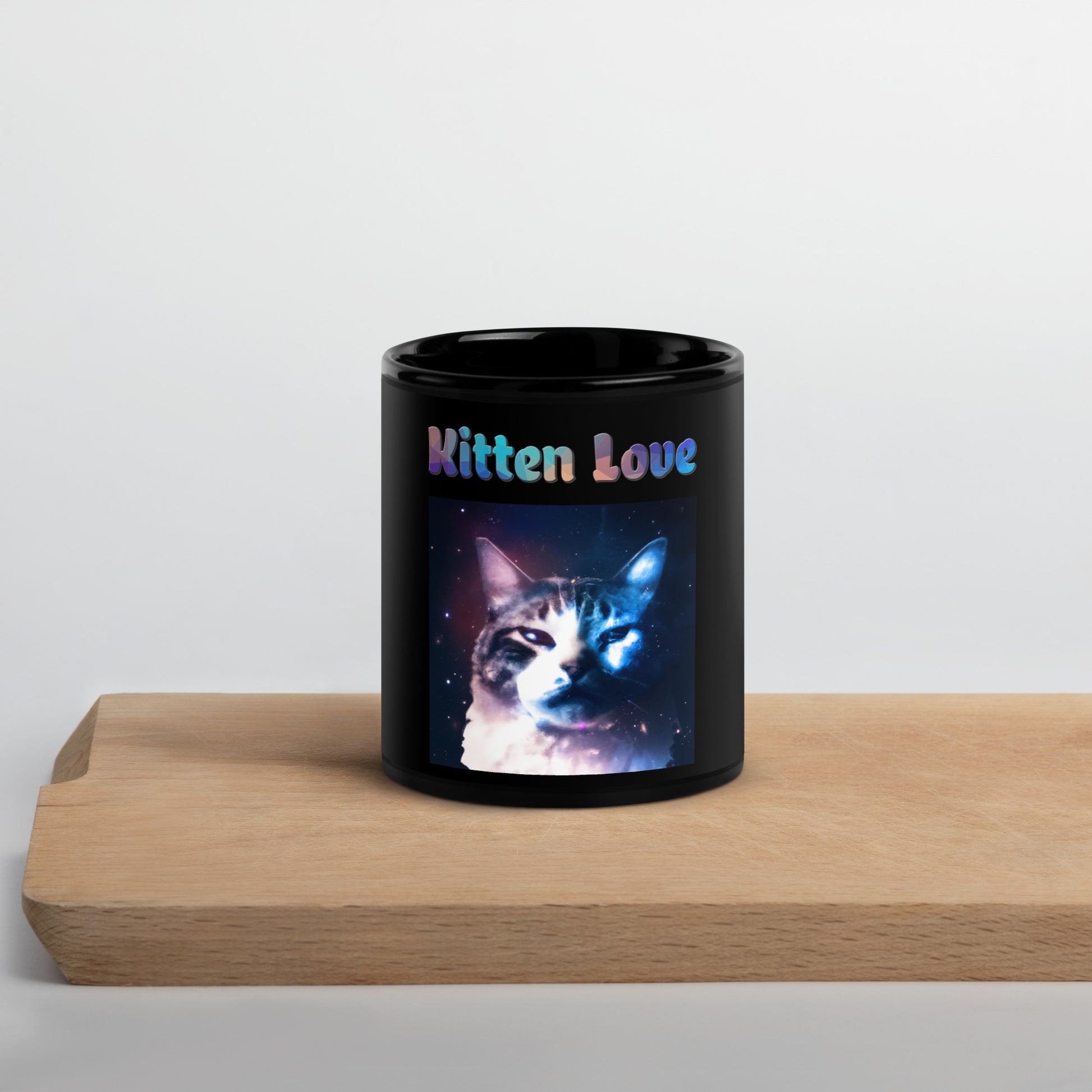 Black Glossy Mug with Cat With Galaxy with text "Kitten Love" at $25.97 found at Personalizedpetlovergifts