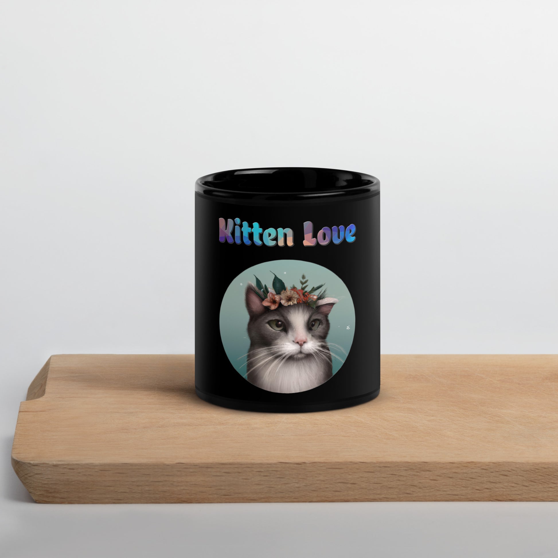 Black Glossy Mug with Cat With Flowers with text "Kitten Love" at $25.97 found at Personalizedpetlovergifts