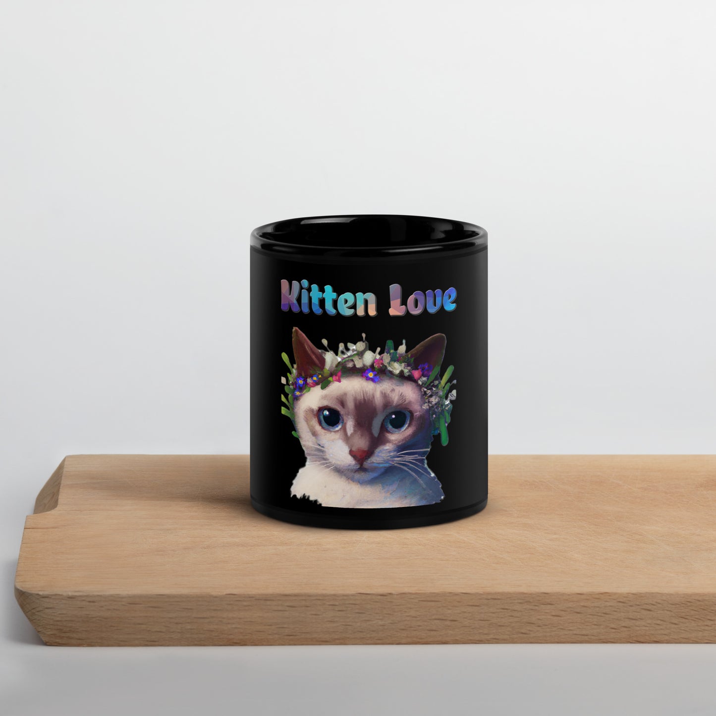 Black Glossy Mug with Cat With Flowers On Head with text "Kitten Love" at $25.97 found at Personalizedpetlovergifts