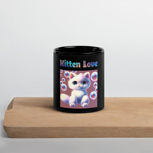 Black Glossy Mug with Cat With Bubbles with text "Kitten Love" at $25.97 found at Personalizedpetlovergifts