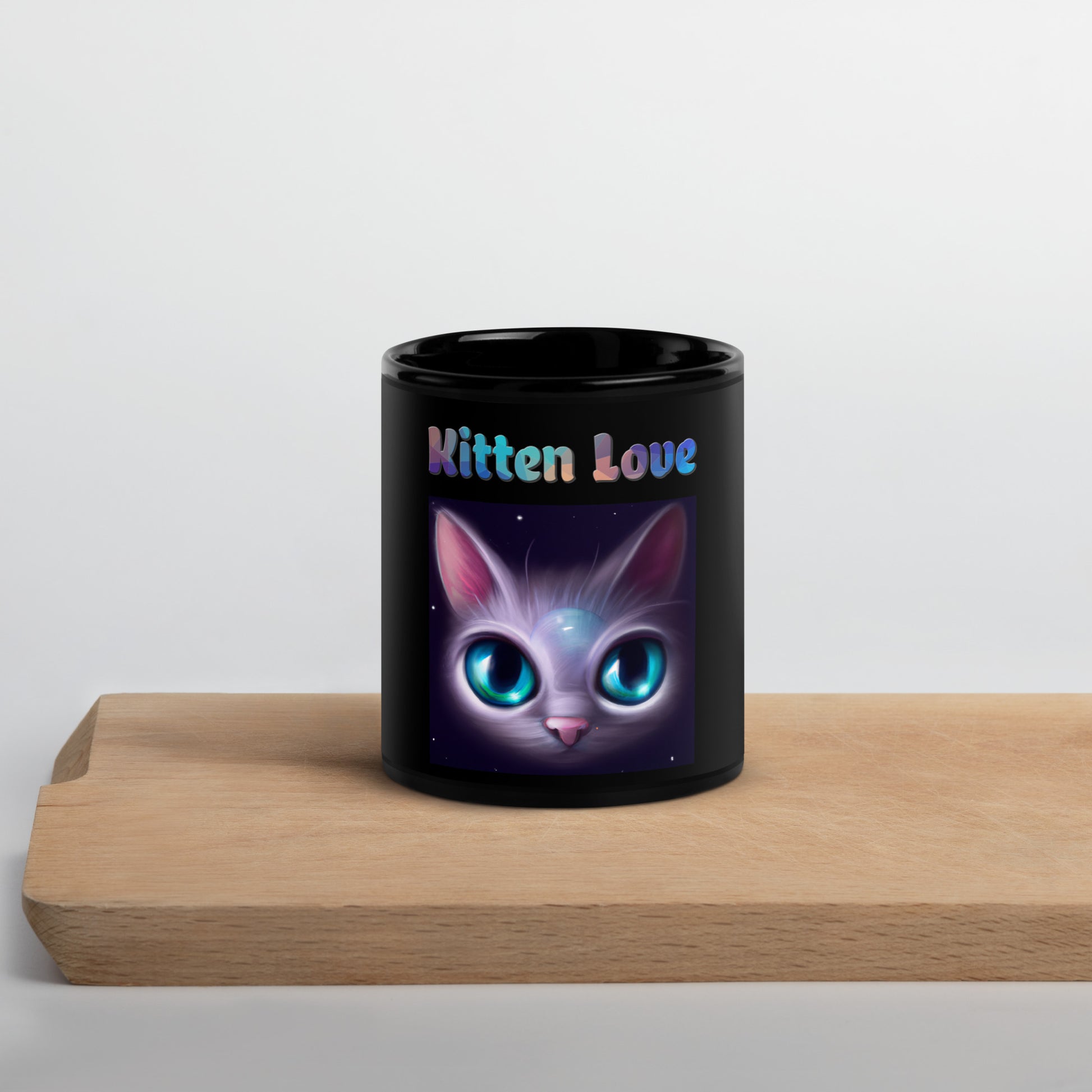 Black Glossy Mug with Cat With Bright Blue Eyes with text "Kitten Love" at $25.97 found at Personalizedpetlovergifts