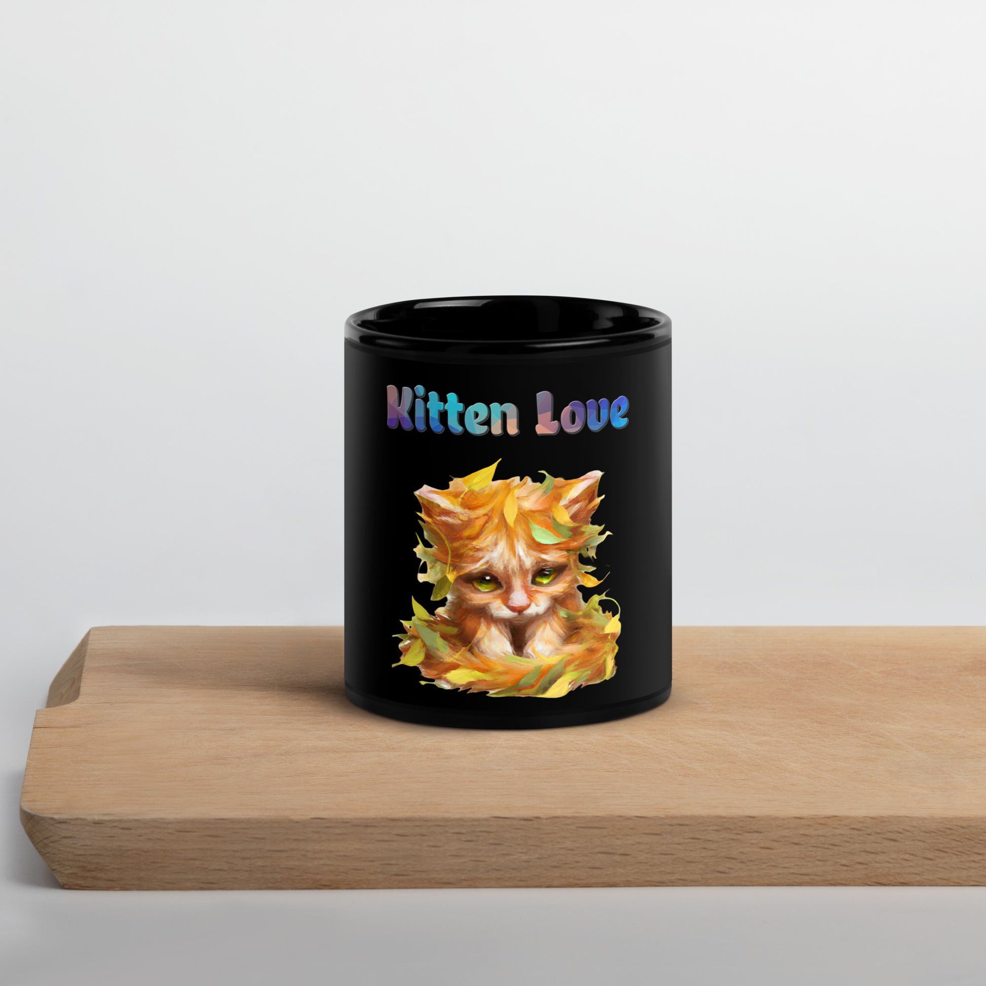 Black Glossy Mug with Cat With Autumn Leaves with text "Kitten Love" at $25.97 found at Personalizedpetlovergifts