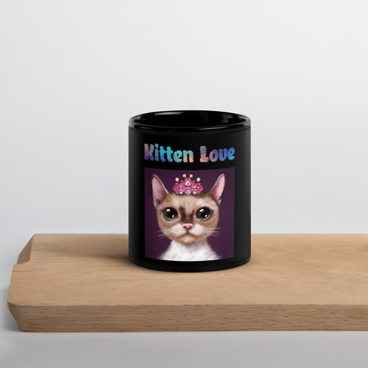 Black Glossy Mug with Cat With a Pink Tiara with text "Kitten Love" at $25.97 found at Personalizedpetlovergifts