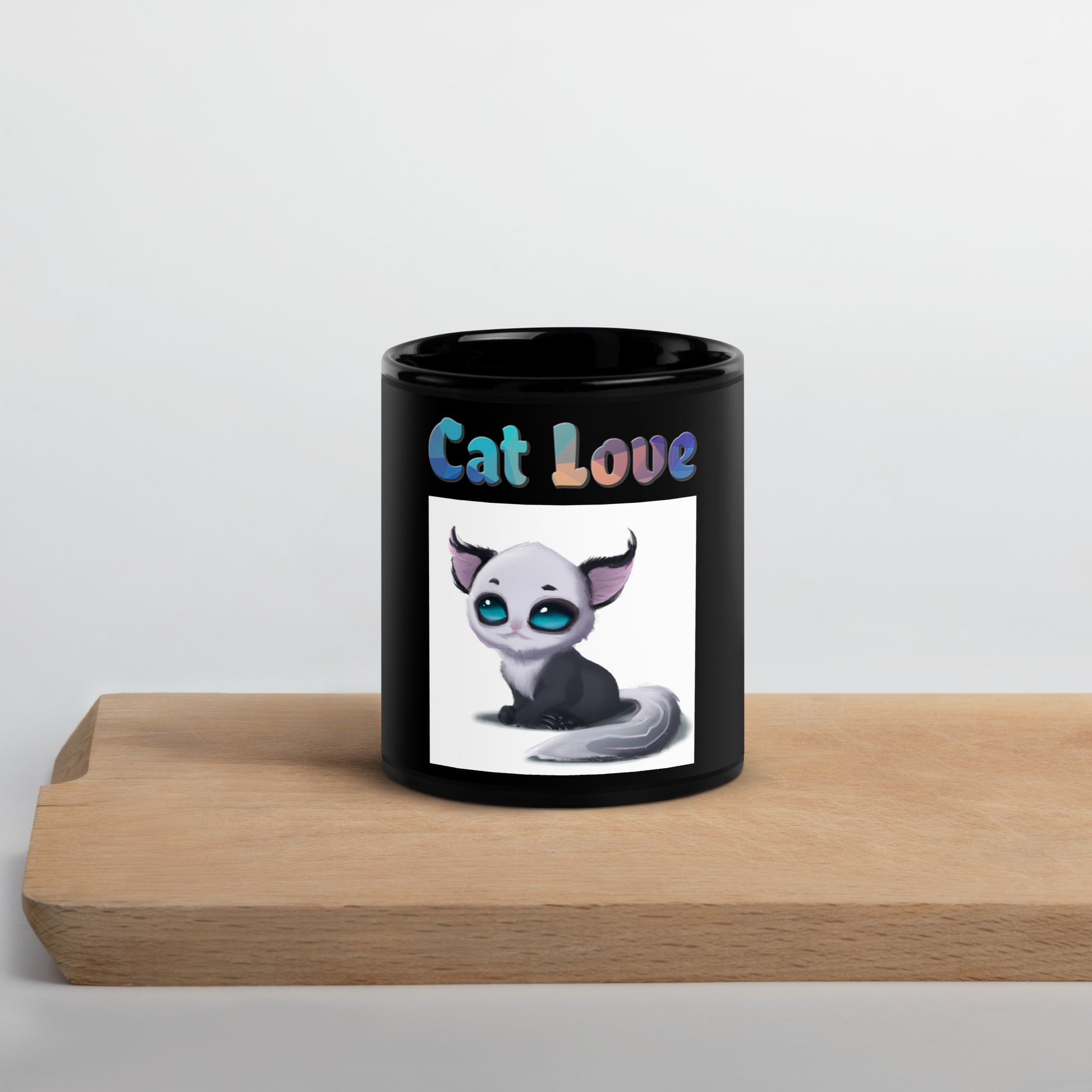 Black Glossy Mug with Cute Alien Kitten with text "Cat Love" at $25.97 found at Personalizedpetlovergifts