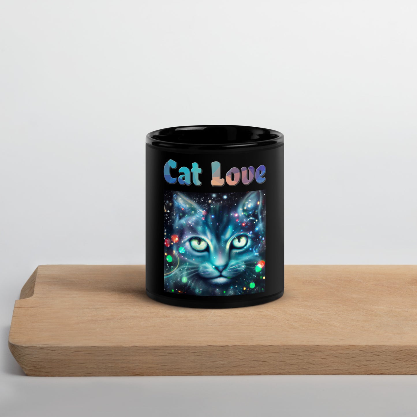 Black Glossy Mug with Cosmic Cat with text "Cat Love" at $25.97 found at Personalizedpetlovergifts