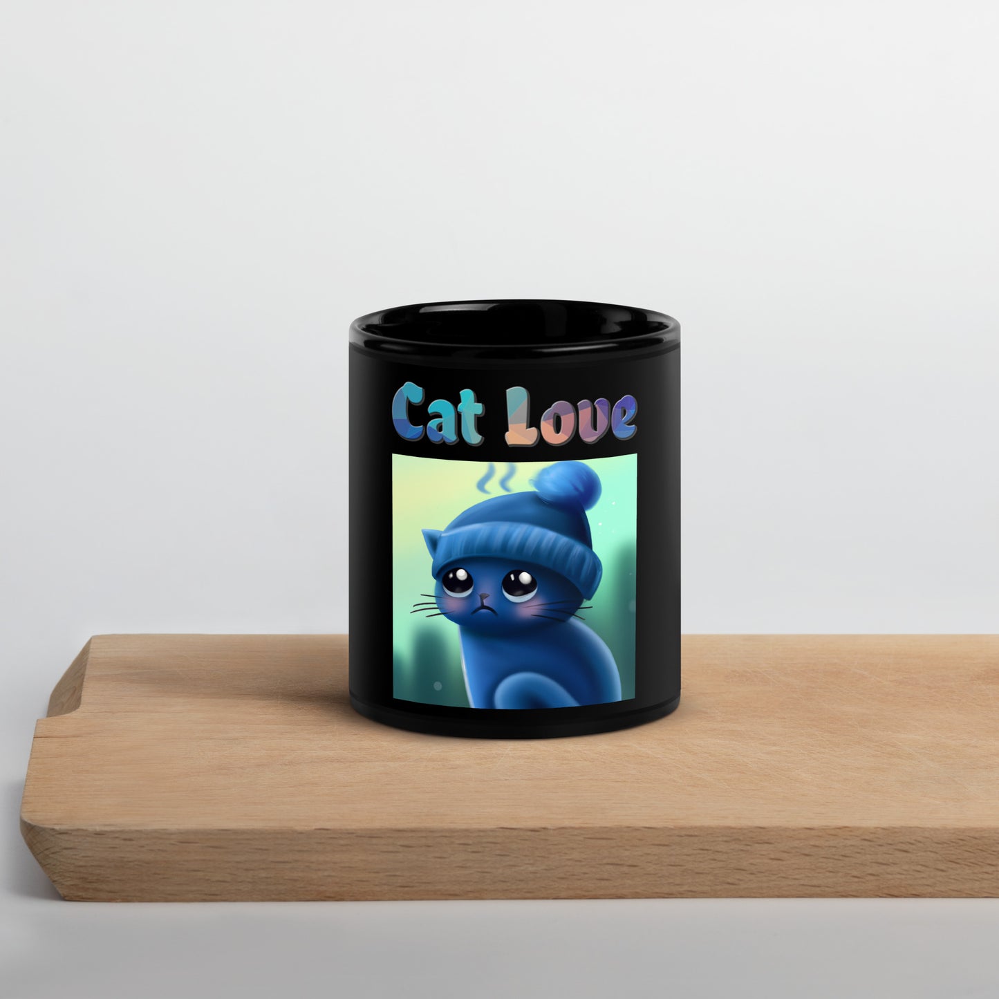 Black Glossy Mug with Cold Kitten In a Hat with text "Cat Love" at $25.97 found at Personalizedpetlovergifts