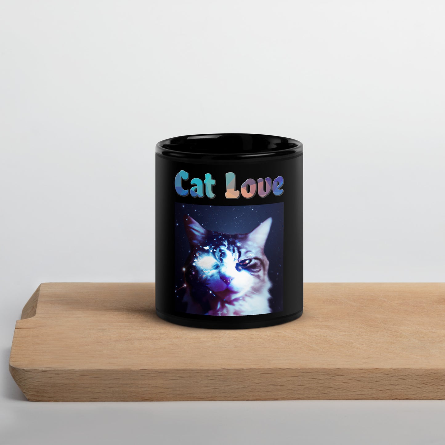 Black Glossy Mug with Cat With Space Eye with text "Cat Love" at $25.97 found at Personalizedpetlovergifts