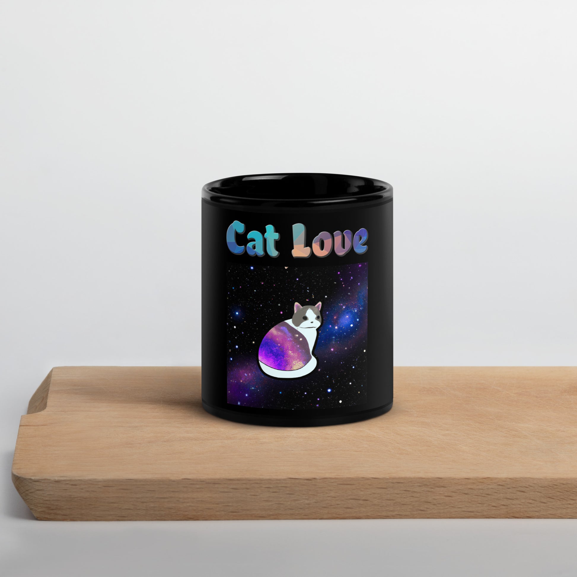 Black Glossy Mug with Cat With Space Clothes with text "Cat Love" at $25.97 found at Personalizedpetlovergifts