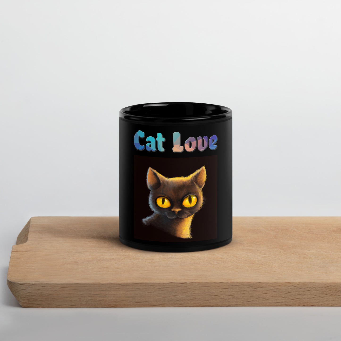 Black Glossy Mug with Cat With Shiny Yellow Eyes with text "Cat Love" at $25.97 found at Personalizedpetlovergifts