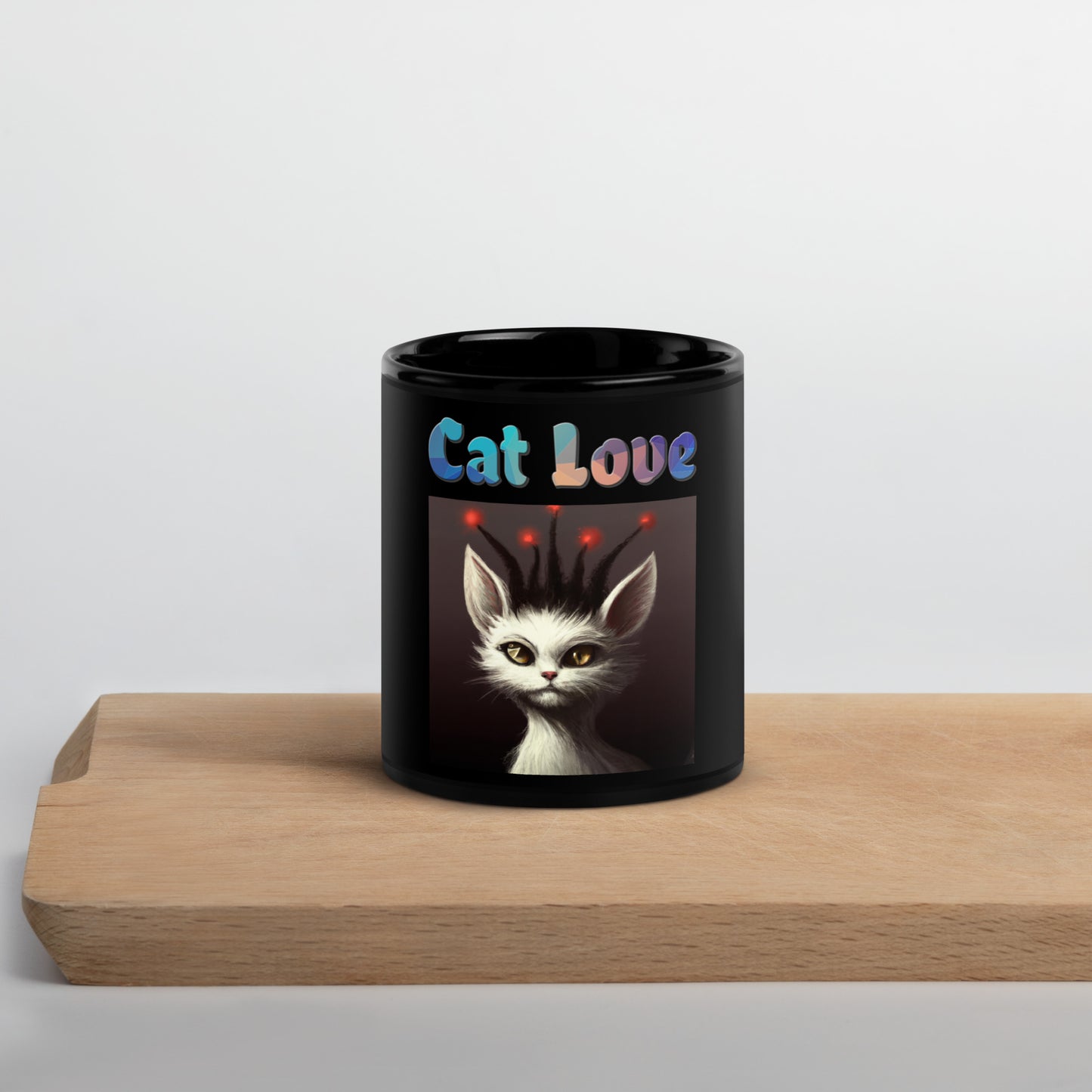 Black Glossy Mug with Cat With Red Alien Spikes with text "Cat Love" at $25.97 found at Personalizedpetlovergifts