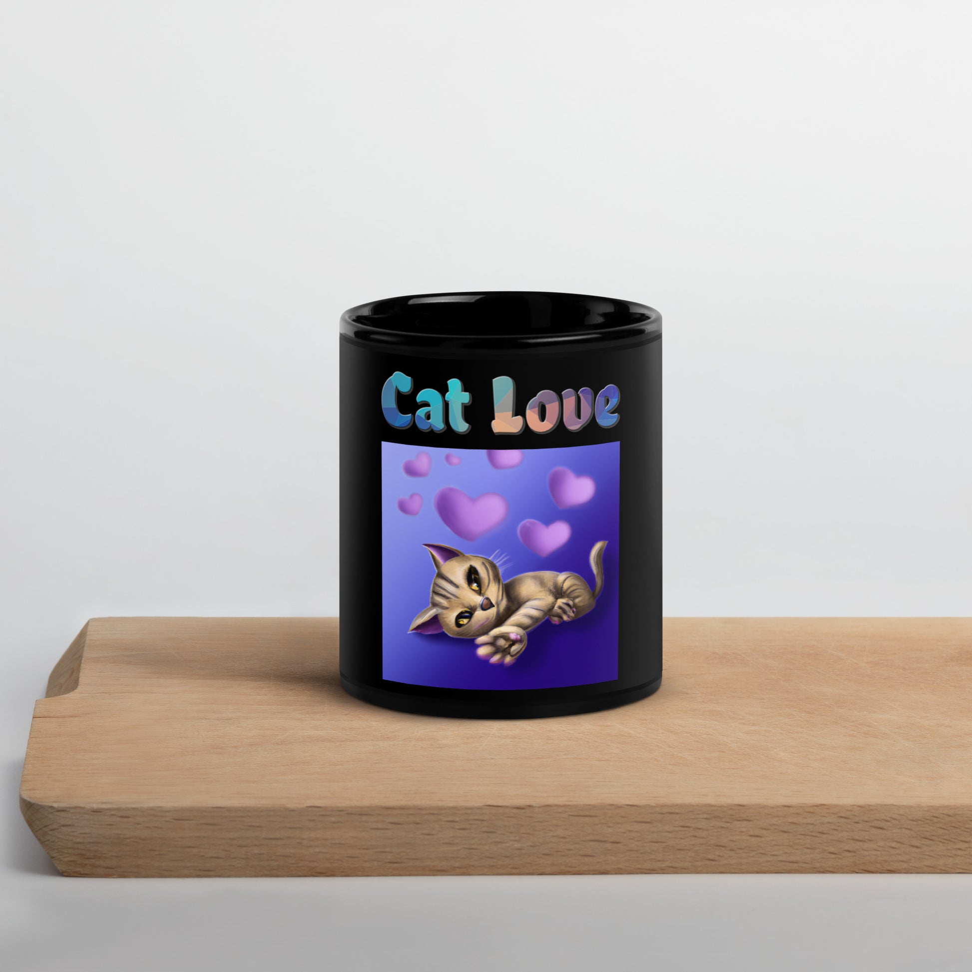 Black Glossy Mug with Cat With Purple Hearts with text "Cat Love" at $25.97 found at Personalizedpetlovergifts