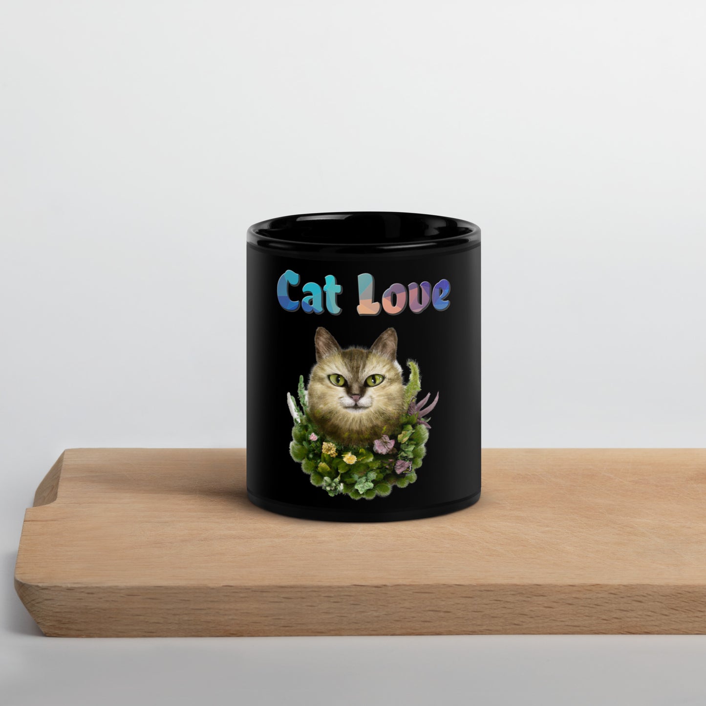 Black Glossy Mug with Cat With Plants And Flowers with text "Cat Love" at $25.97 found at Personalizedpetlovergifts