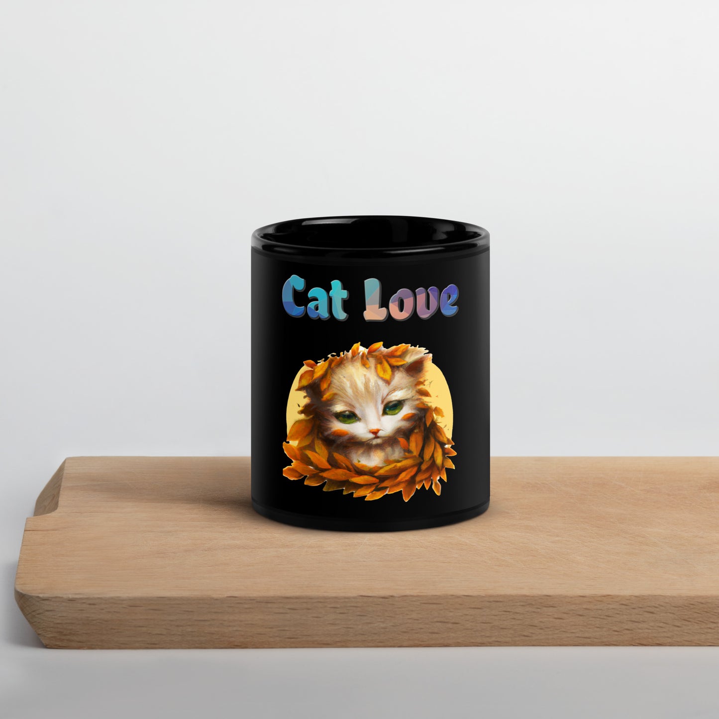 Black Glossy Mug with Cat With Orange Leaves with text "Cat Love" at $25.97 found at Personalizedpetlovergifts