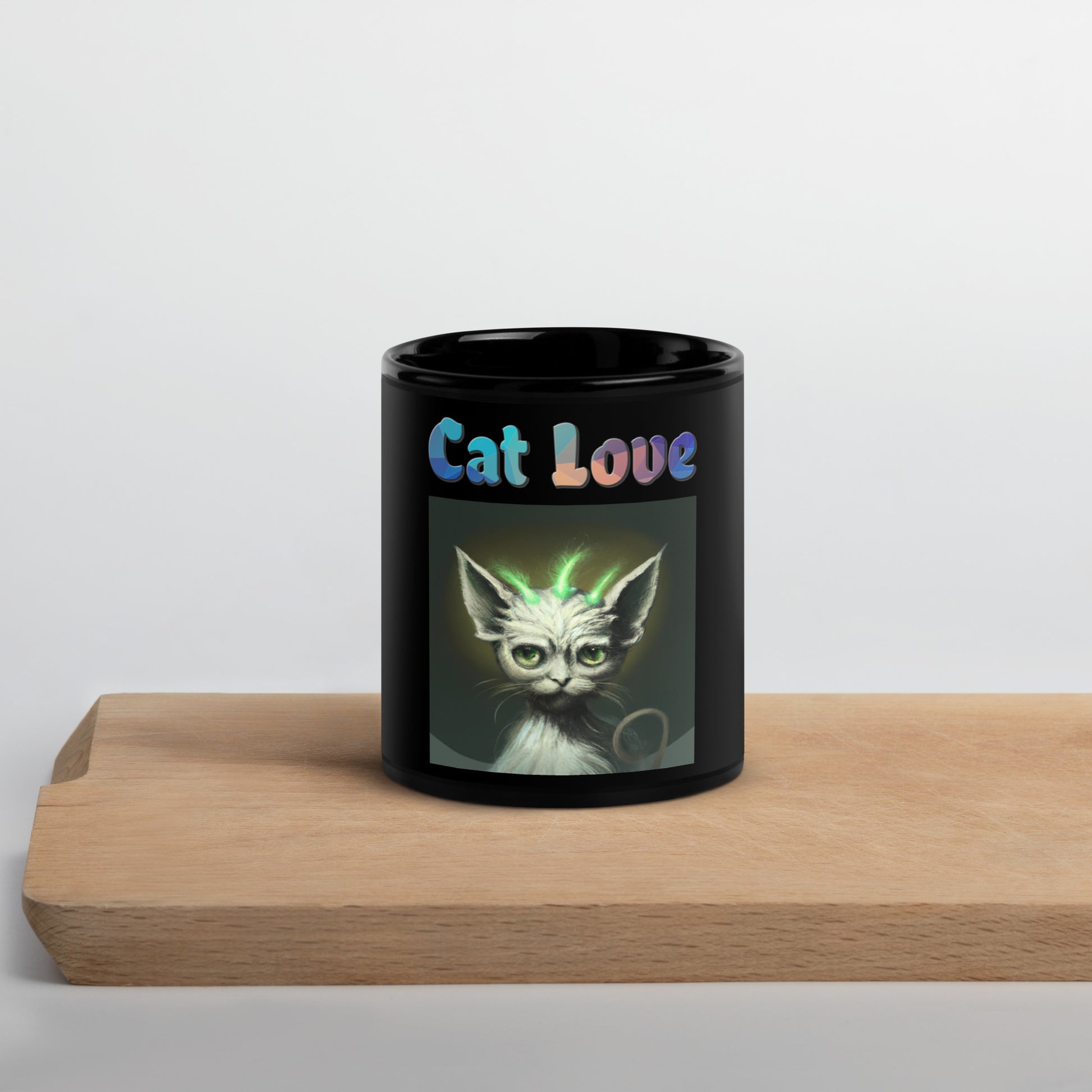 Black Glossy Mug with Cat With Green Alien Spikes with text "Cat Love" at $25.97 found at Personalizedpetlovergifts