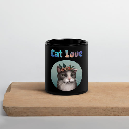 Black Glossy Mug with Cat With Flowers with text "Cat Love" at $25.97 found at Personalizedpetlovergifts