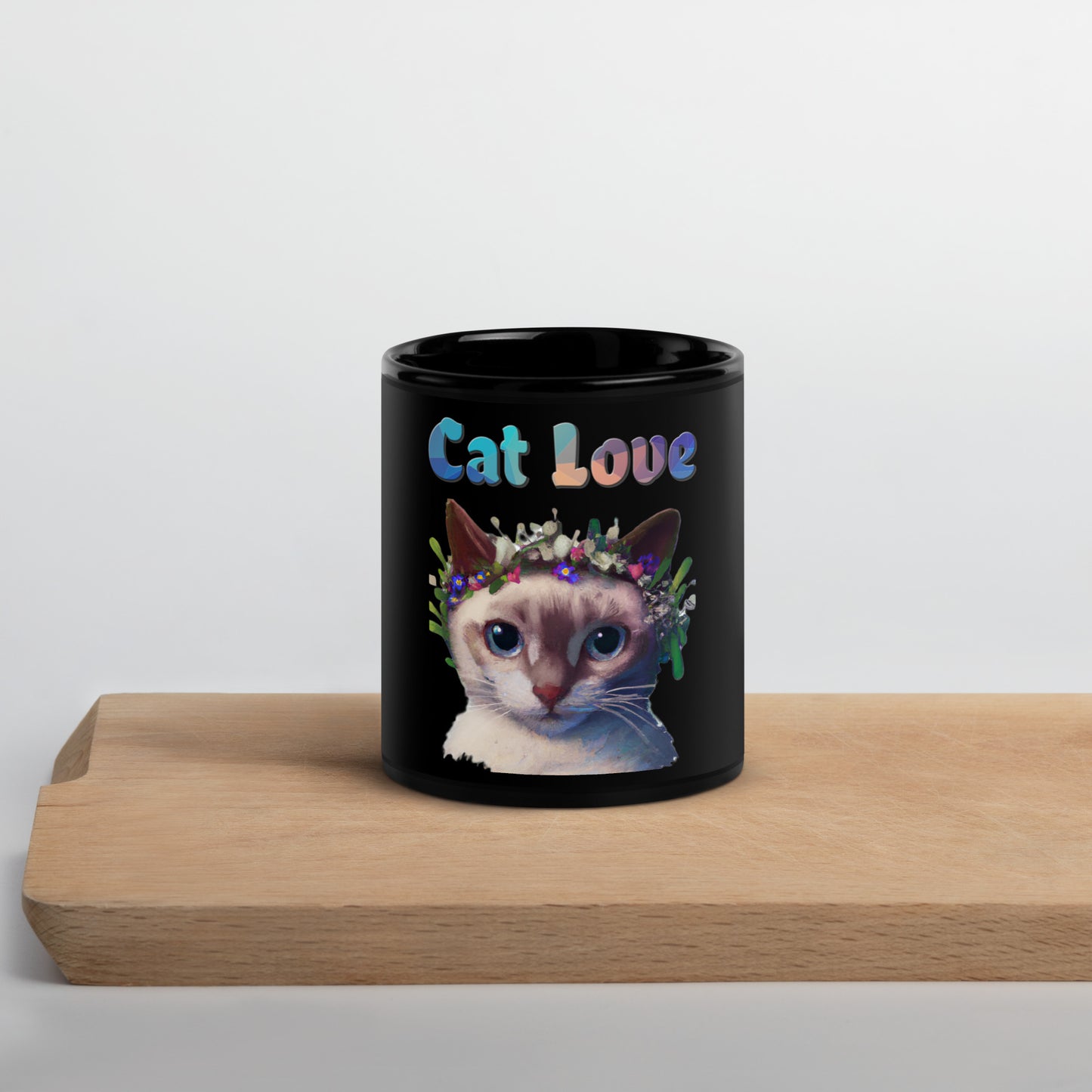 Black Glossy Mug with Cat With Flowers On Head with text "Cat Love" at $25.97 found at Personalizedpetlovergifts