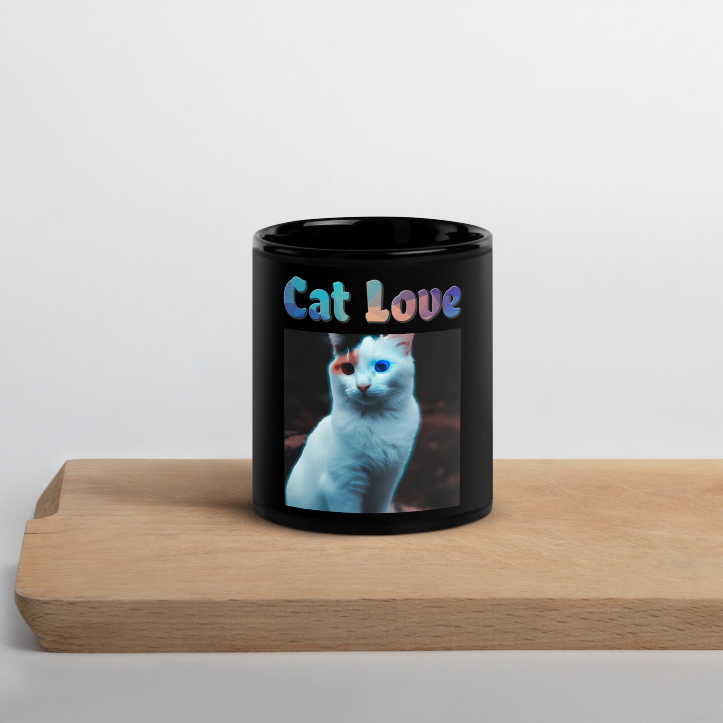 Black Glossy Mug with Cat With Colorful Eyes with text "Cat Love" at $25.97 found at Personalizedpetlovergifts